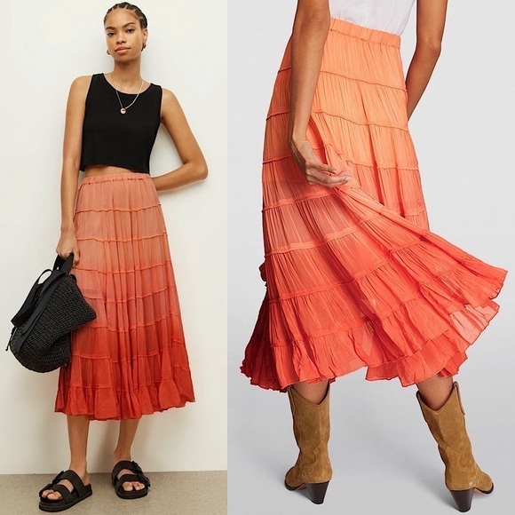*NWT ALLSAINTS Sunset Ombré Colorblock Striped Crepe Tiered Ruffle Midi Skirt 6 - Picture 1 of 11
